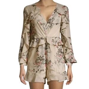 Few Moda Floral Ruffle Romper Womens Small Beige Long Sleeve V-Neck Romantic